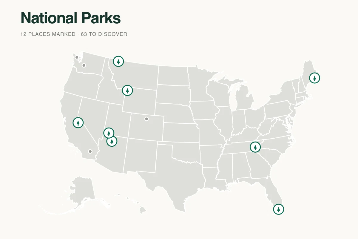 National Parks visited map with park locations across the United States