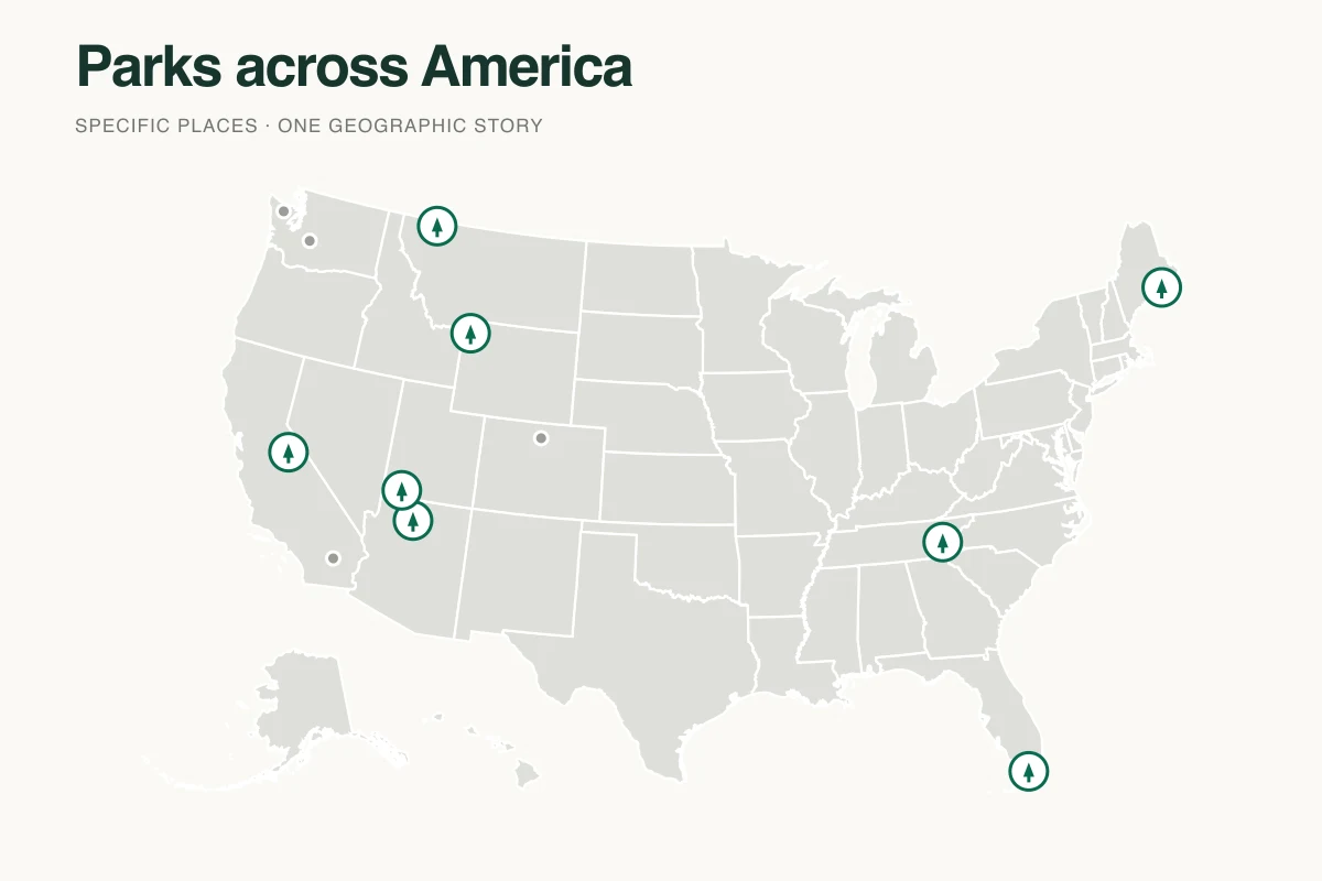 Pin map showing real National Park locations across the United States