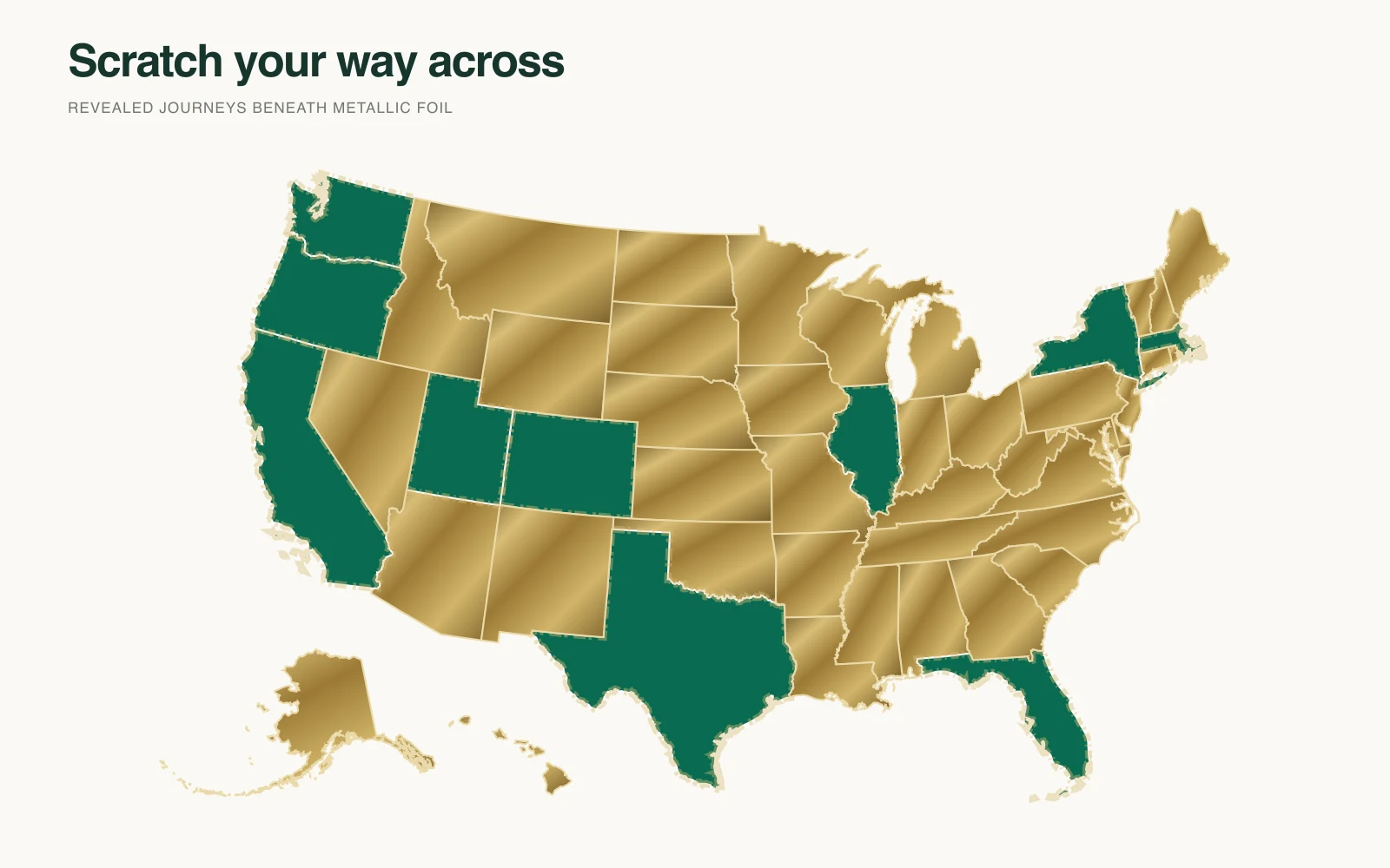 Digital scratch map with visited states revealed beneath gold foil