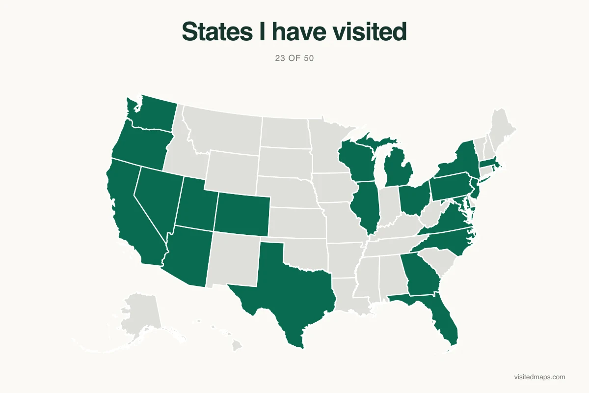 US states visited map with completed states highlighted