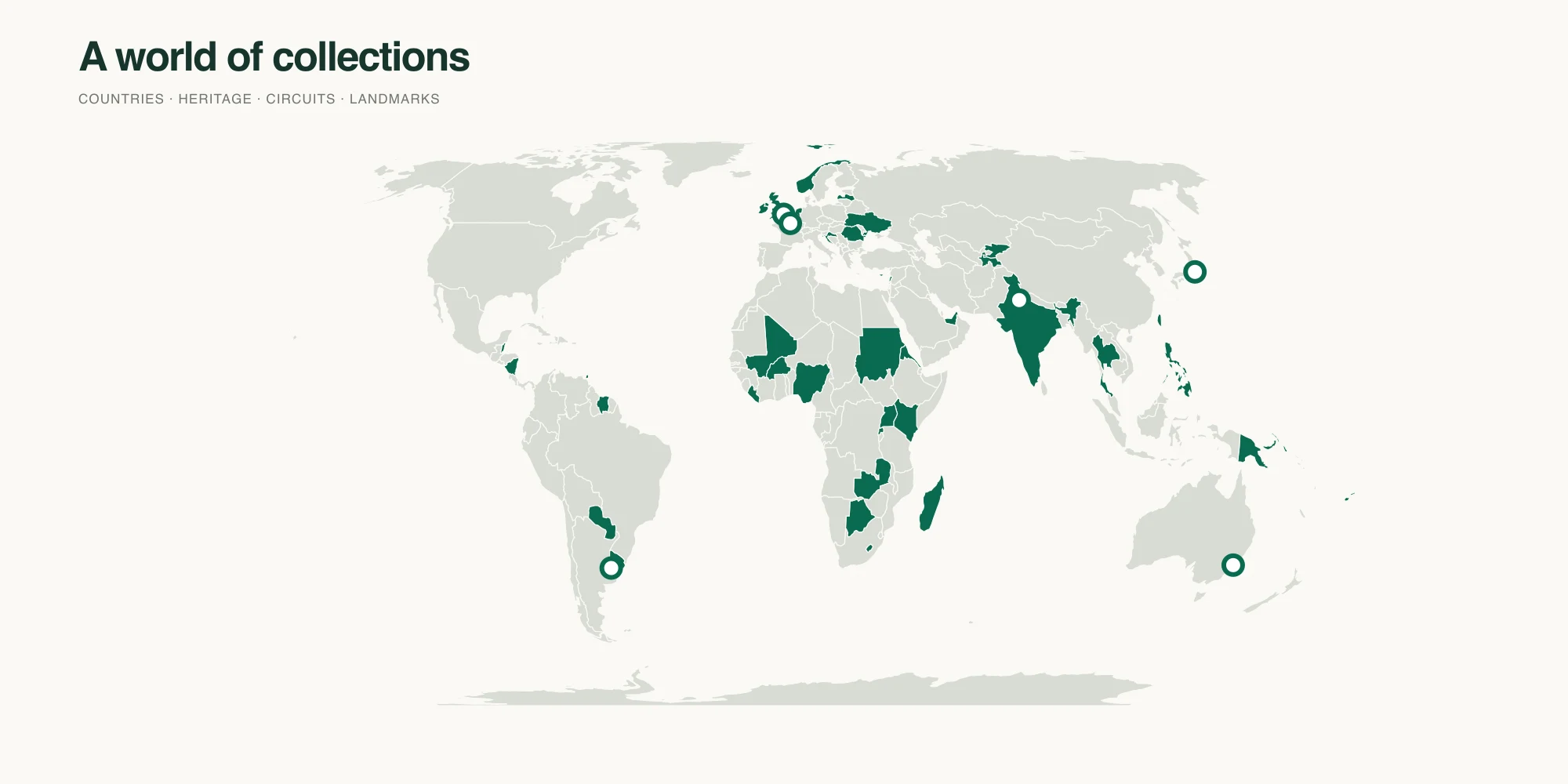 World map showing future international collections and locations
